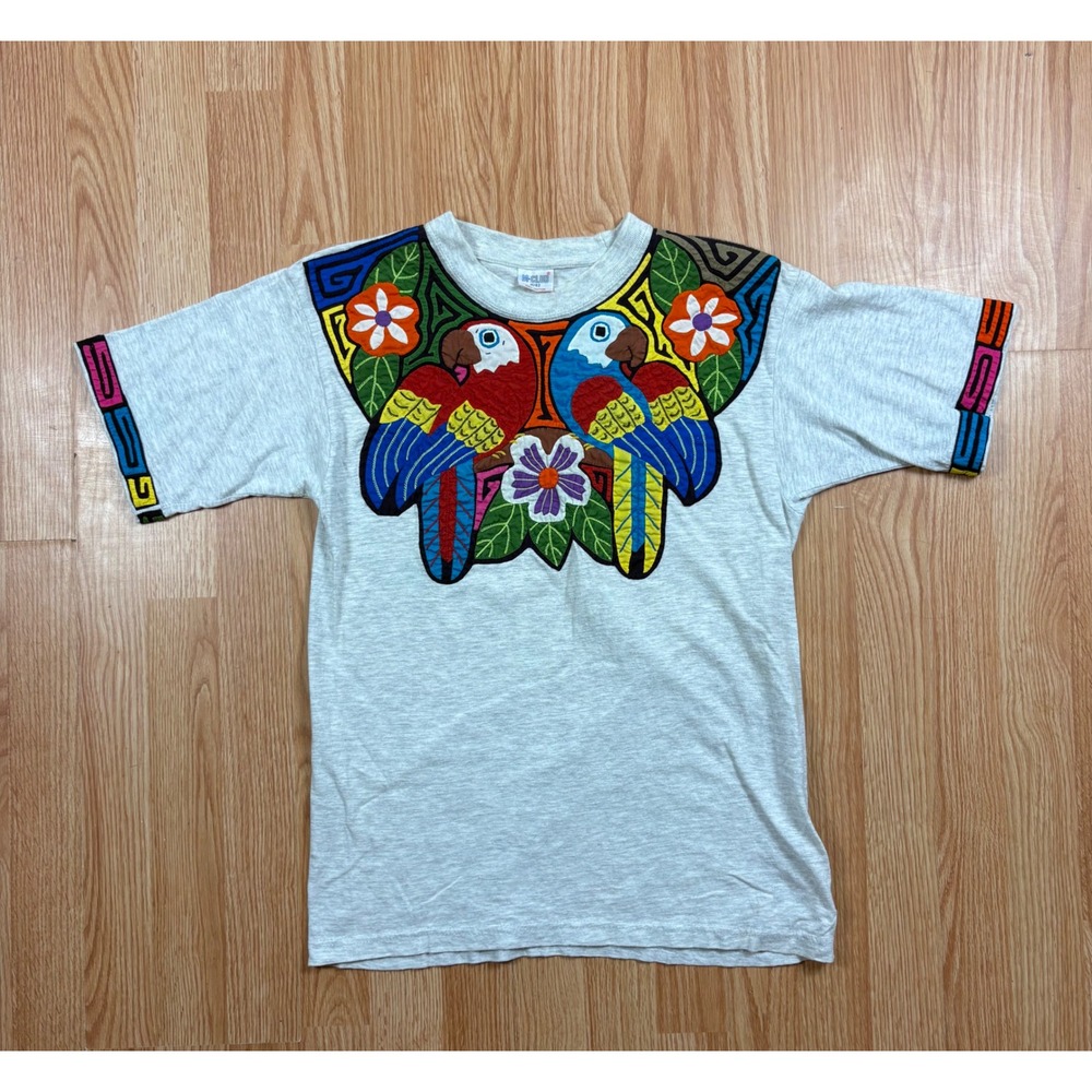 Vintage M-Club Mola Applique Parrot T-Shirt Gray Heather Folk Art Tee M/L